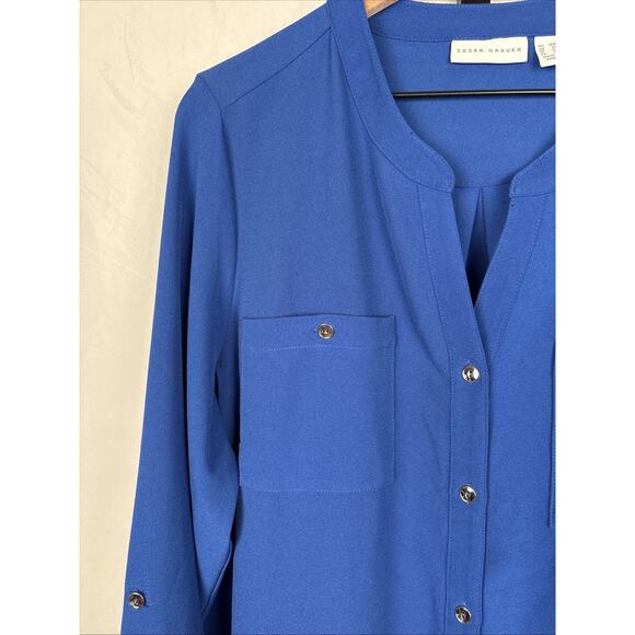 Susan Graver Button Down Blouse Women's 18W Blue Silver Buttons Stretch Roll Tab - Picture 4 of 13